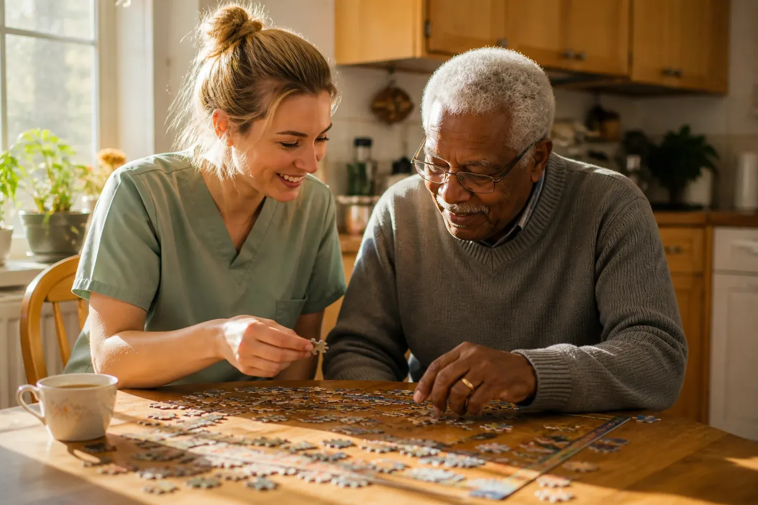 A TrueCare care professional and an older adult sharing a jigsaw puzzle at a sunlit kitchen table