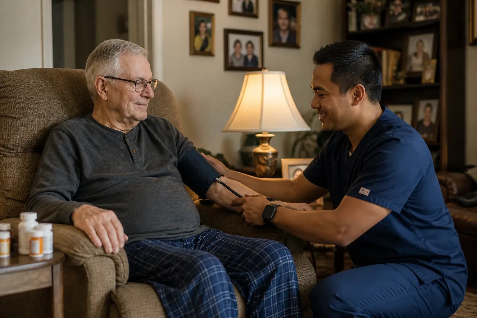 A credentialed TrueCare nurse checking an older man's blood pressure