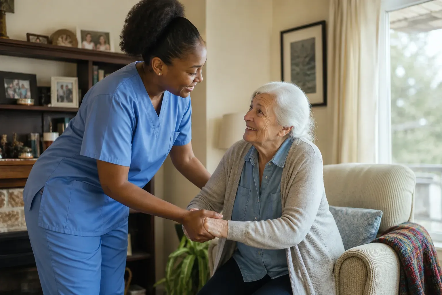 A TrueCare care professional warmly helping an older woman up from her armchair at home
